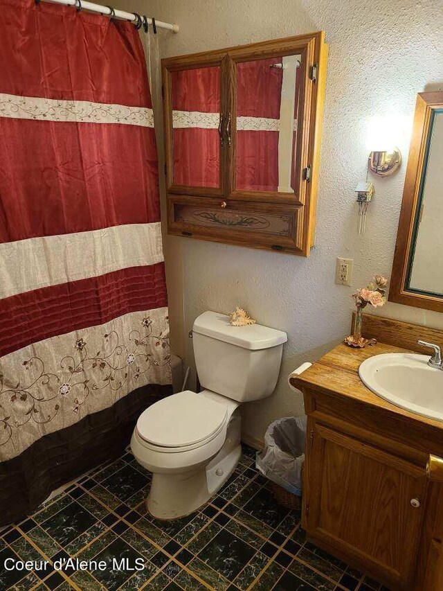 bathroom with vanity, toilet, and walk in shower