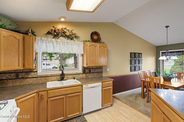 kitchen featuring white appliances, sink, light hardwood / wood-style flooring, and a wealth of natural light