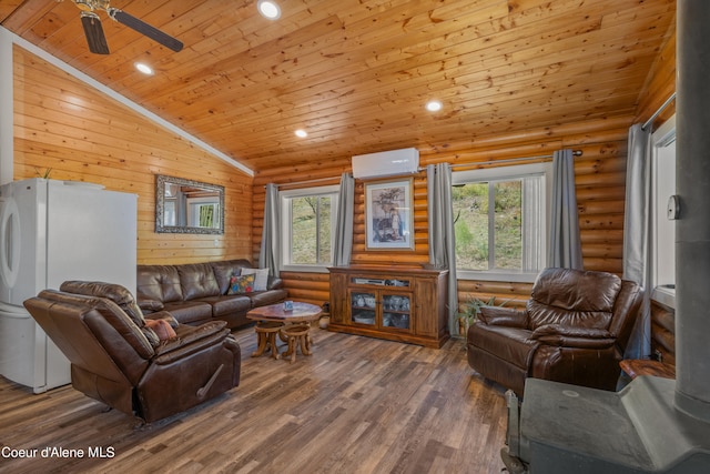 living room with high vaulted ceiling, ceiling fan, a wall mounted air conditioner, hardwood / wood-style floors, and wood ceiling