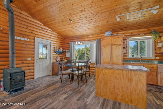 kitchen with a healthy amount of sunlight, sink, wood ceiling, and dark hardwood / wood-style flooring