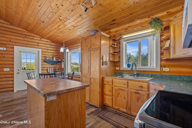 kitchen featuring lofted ceiling, sink, range, a center island, and dark hardwood / wood-style flooring