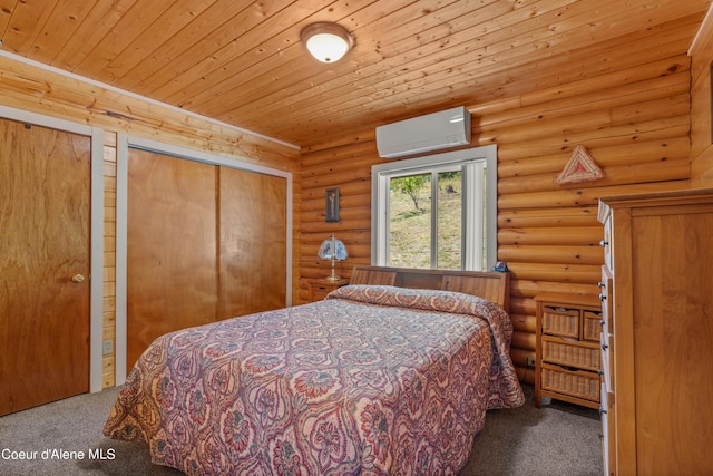 bedroom with wooden ceiling, a wall unit AC, carpet flooring, and rustic walls