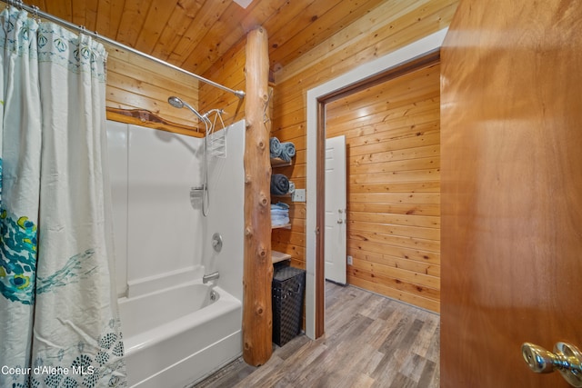 bathroom with wooden ceiling, wood-type flooring, shower / tub combo, and wooden walls