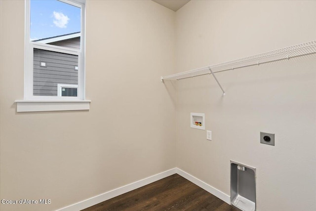 clothes washing area with washer hookup, electric dryer hookup, and hardwood / wood-style floors