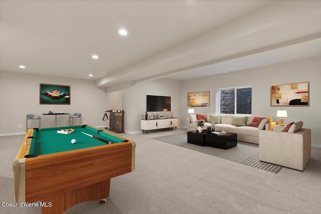 game room with carpet and billiards