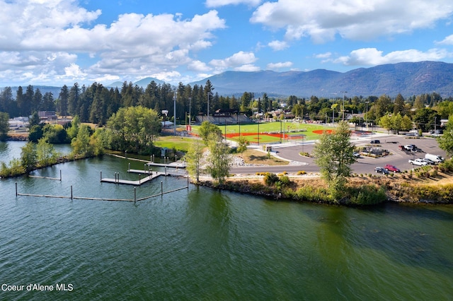 birds eye view of property featuring a water and mountain view