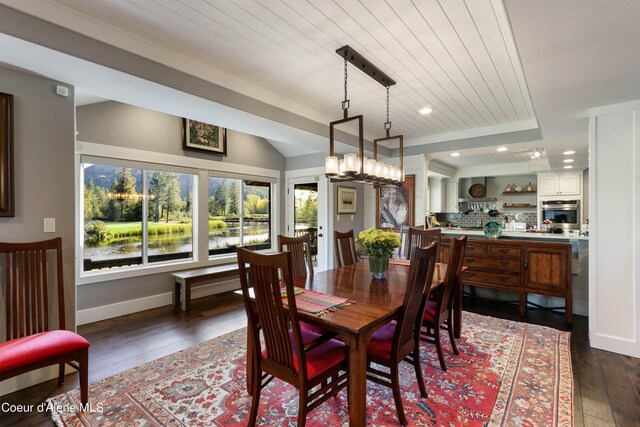 dining space with baseboards, wood ceiling, recessed lighting, vaulted ceiling, and dark wood-type flooring