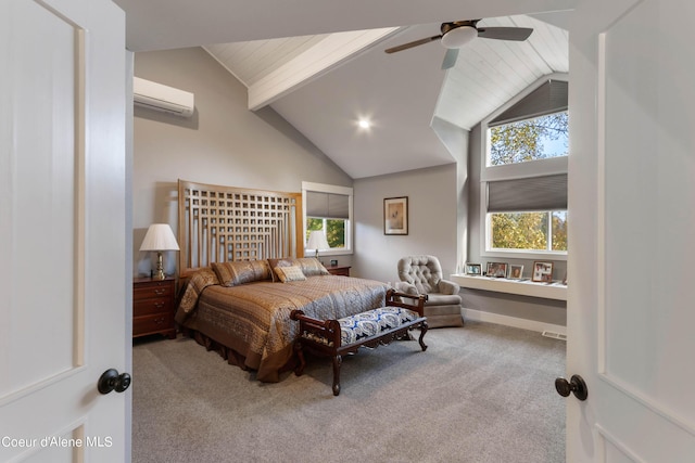 bedroom with baseboards, a wall mounted air conditioner, beamed ceiling, high vaulted ceiling, and carpet