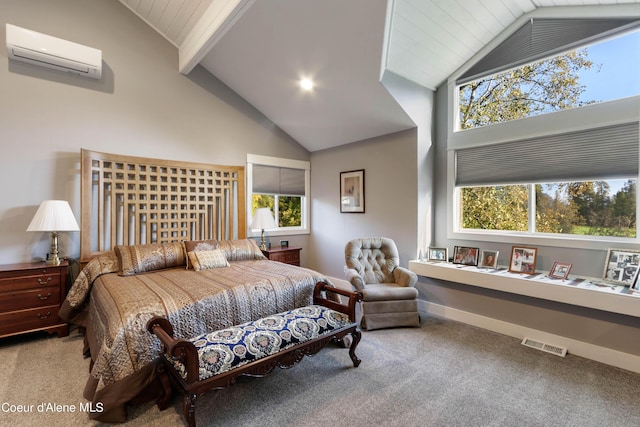 bedroom featuring visible vents, baseboards, a wall mounted air conditioner, beam ceiling, and carpet floors