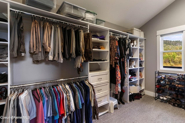 spacious closet featuring carpet flooring and vaulted ceiling