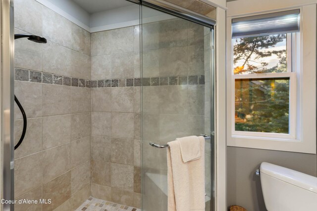 bathroom with a shower stall and toilet