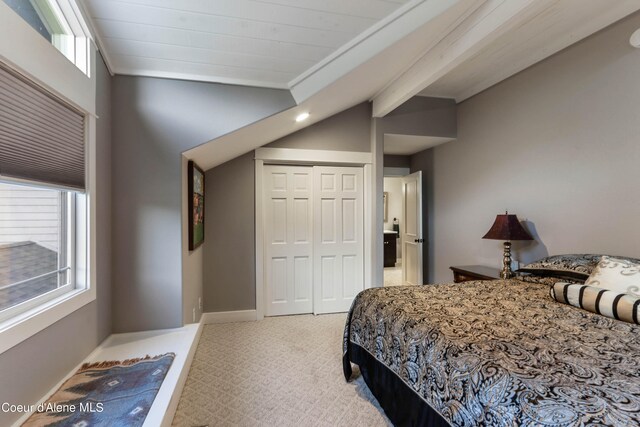 carpeted bedroom featuring ornamental molding, vaulted ceiling, and a closet