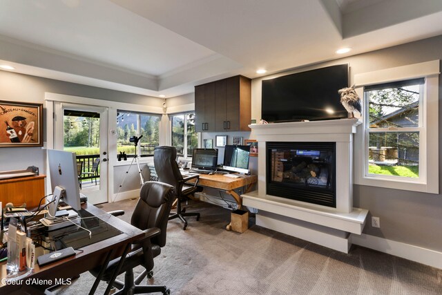 office space featuring ornamental molding, a tray ceiling, and light colored carpet