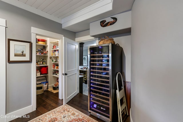 walk in closet with dark wood-style flooring and wine cooler