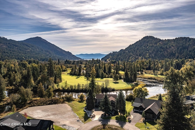 property view of mountains with a wooded view and a water view