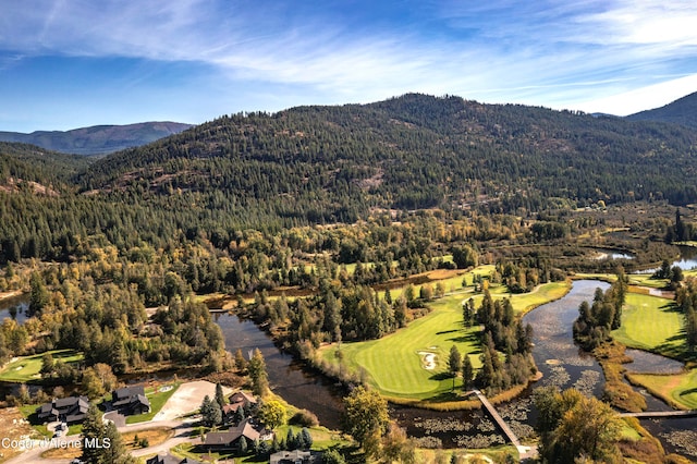 bird's eye view featuring a water and mountain view