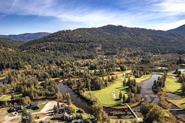 bird's eye view with a wooded view, a mountain view, and view of golf course