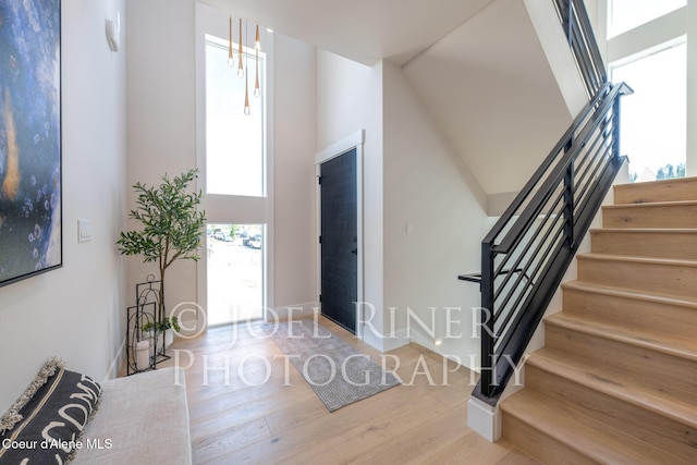 foyer entrance featuring a towering ceiling and hardwood / wood-style flooring