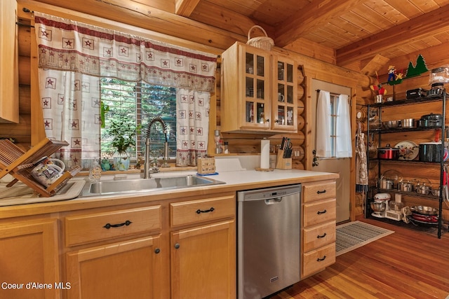 kitchen with wood ceiling, sink, beam ceiling, light hardwood / wood-style flooring, and dishwasher