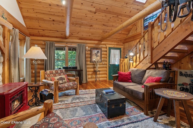 living room with vaulted ceiling with skylight, wood-type flooring, and wood ceiling