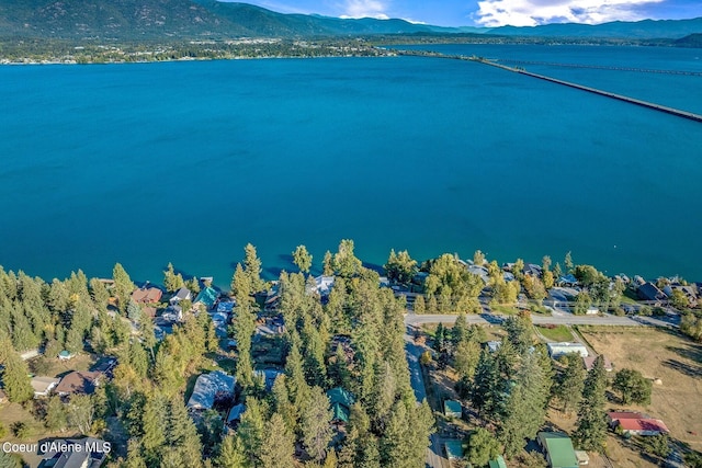 drone / aerial view featuring a water and mountain view