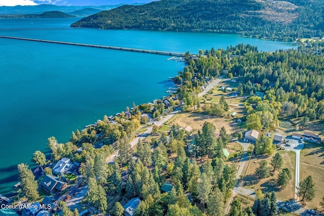 bird's eye view featuring a water and mountain view