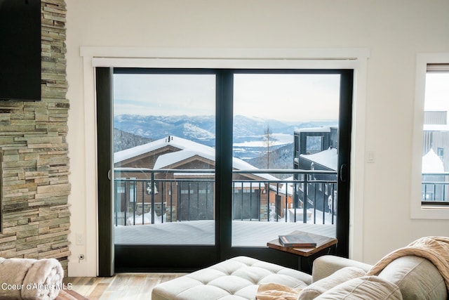 interior space featuring a mountain view and light hardwood / wood-style flooring