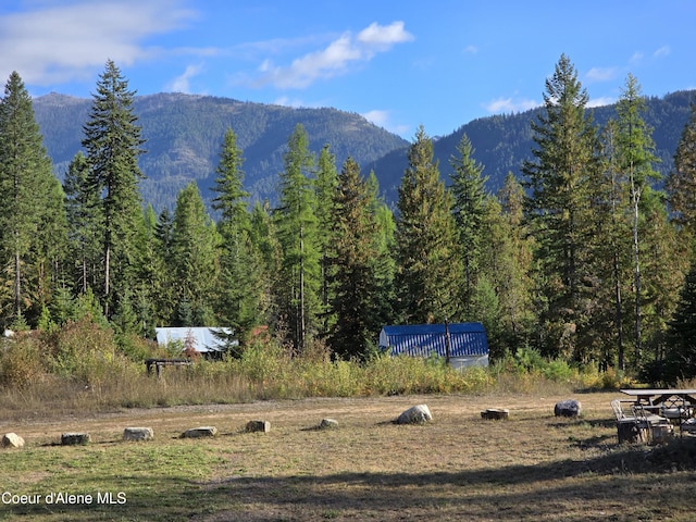 property view of mountains with a wooded view