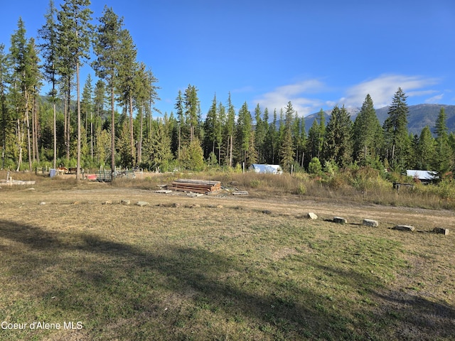 view of yard featuring a mountain view and a forest view