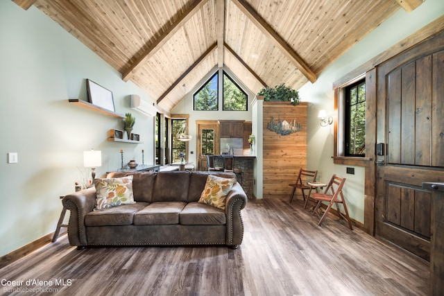 living room with a wealth of natural light, wooden ceiling, and wood-type flooring