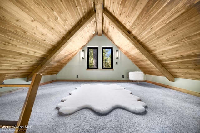 bonus room featuring vaulted ceiling with beams, wood ceiling, and carpet flooring