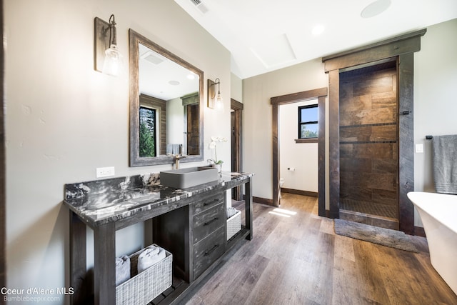 bathroom featuring wood-type flooring, shower with separate bathtub, vanity, and a healthy amount of sunlight