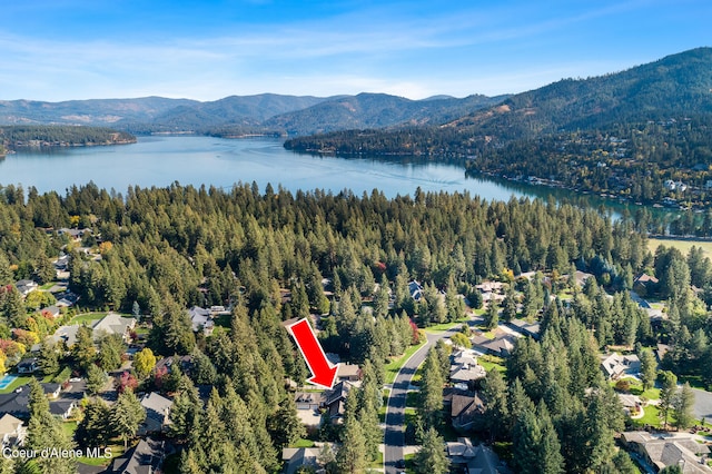 birds eye view of property with a water and mountain view