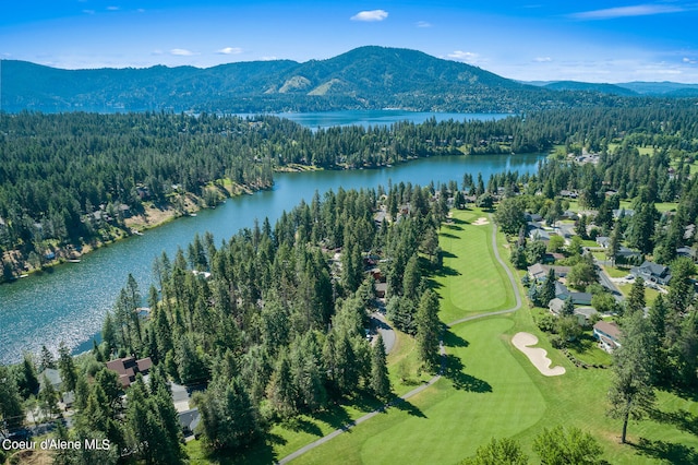 bird's eye view featuring a water and mountain view