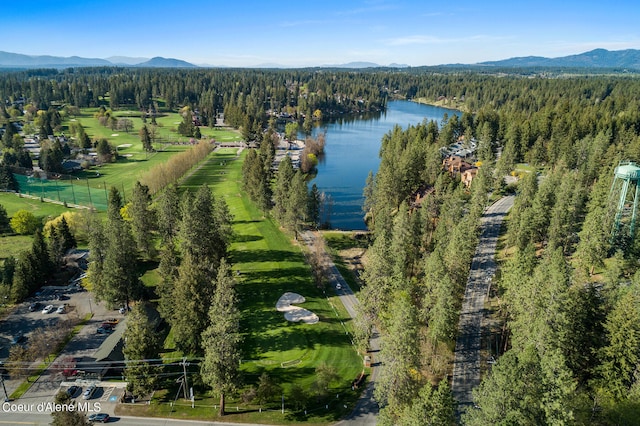 aerial view featuring a water and mountain view