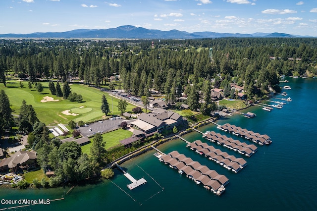 drone / aerial view featuring a water and mountain view