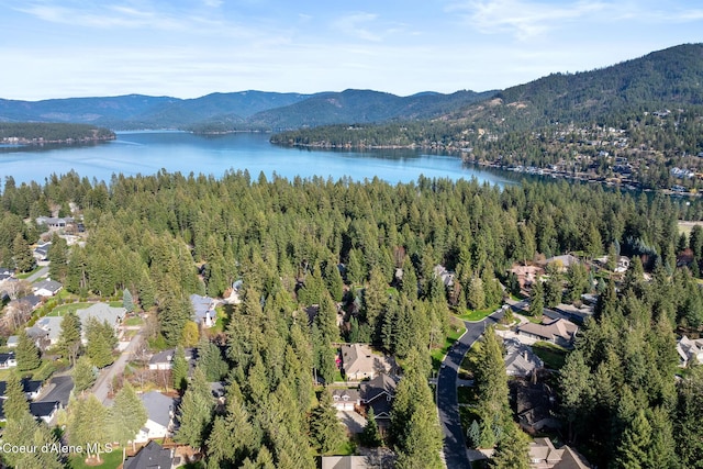 aerial view featuring a wooded view and a water and mountain view