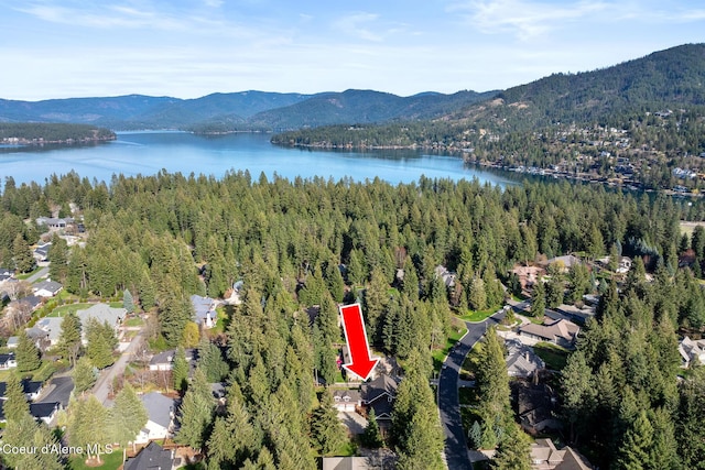 bird's eye view featuring a wooded view and a water and mountain view