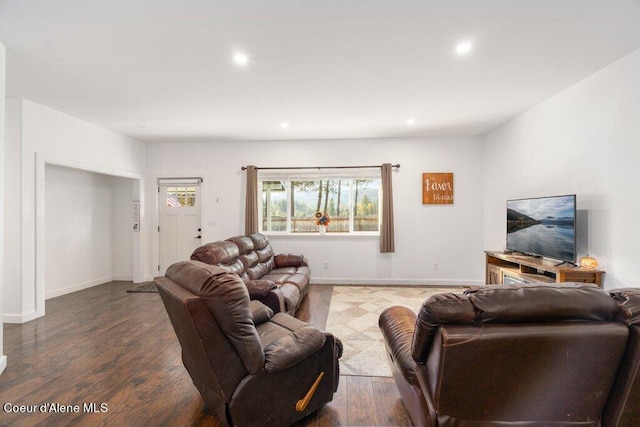 living room with dark hardwood / wood-style flooring