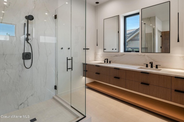 15374 S Chalone Dr, Coeur Dalene, ID 83814 - full bathroom with double vanity, a marble finish shower, and decorative backsplash