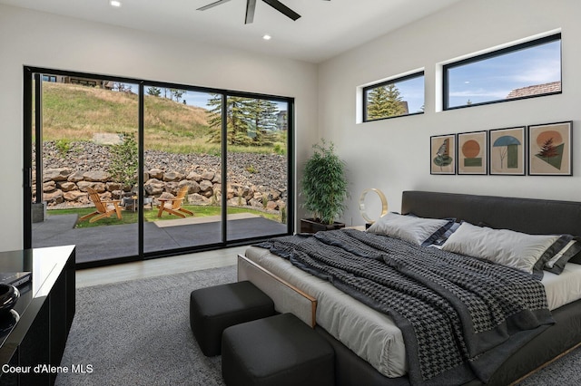 15374 S Chalone Dr, Coeur Dalene, ID 83814 - bedroom featuring access to exterior, wood finished floors, recessed lighting, and ceiling fan