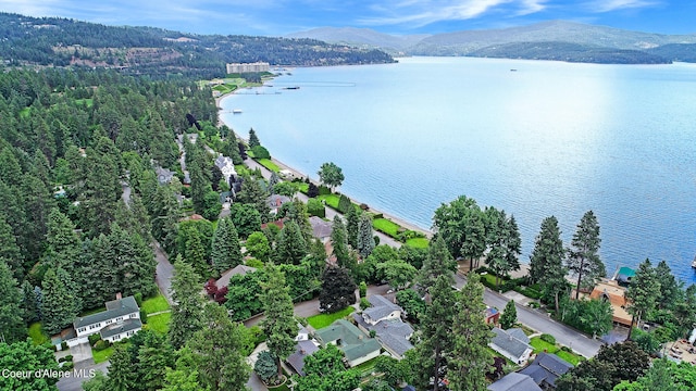 drone / aerial view featuring a water and mountain view