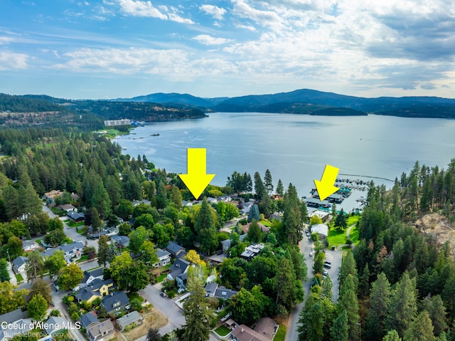 aerial view featuring a water and mountain view