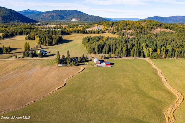 aerial view featuring a mountain view and a rural view