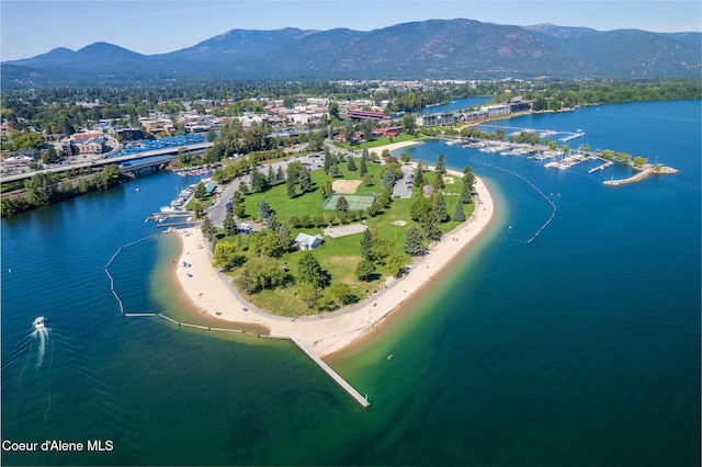 aerial view with a water and mountain view