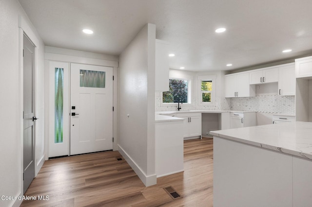 foyer featuring sink and wood-type flooring