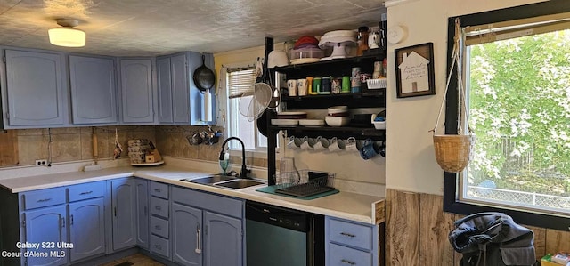 kitchen with stainless steel dishwasher, sink, and tasteful backsplash