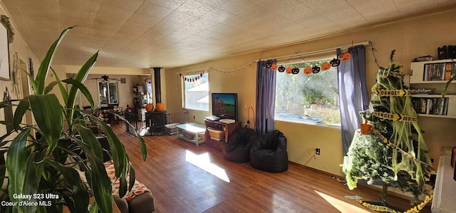 living room with plenty of natural light, hardwood / wood-style floors, and a wood stove