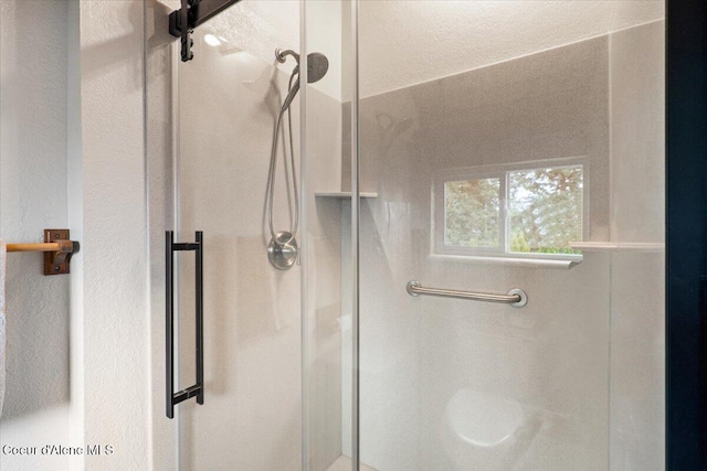 bathroom with a shower with shower door