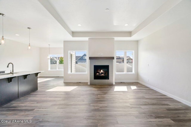 unfurnished living room with plenty of natural light and dark hardwood / wood-style flooring